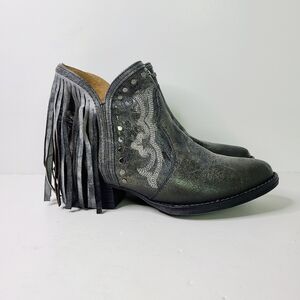 Sterling River Gray Distressed Studded Fringe Western Leather Ankle Shoe Boots